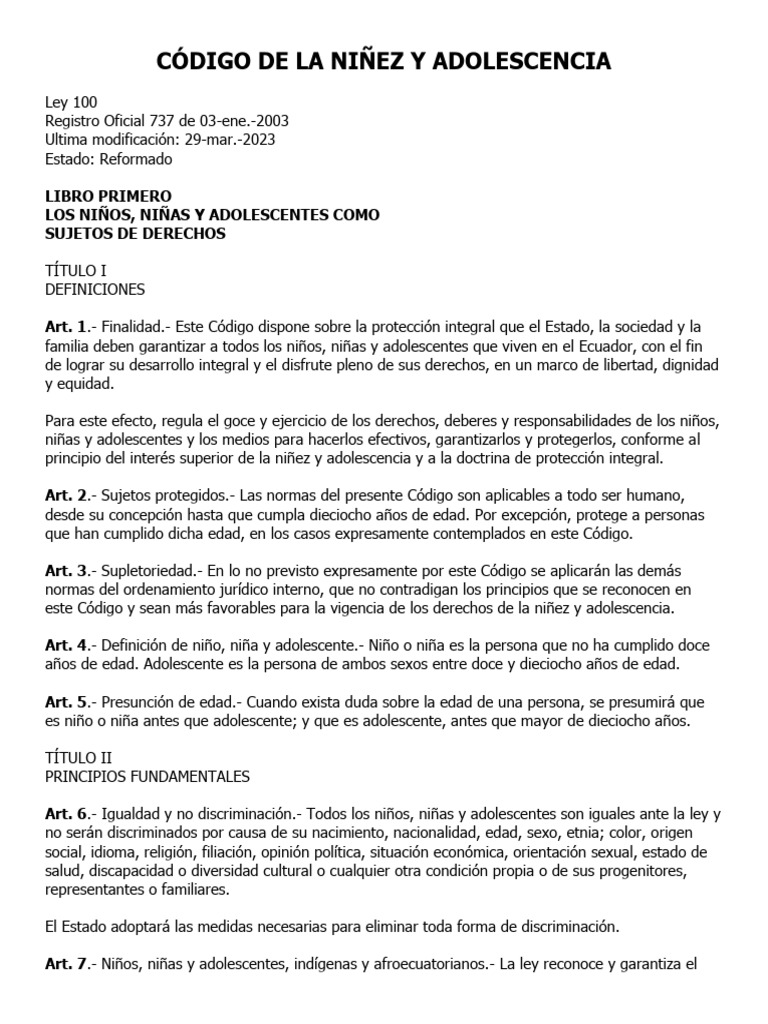 Codigo de La Ninez y Adolescencia 2023 | Descargar gratis PDF | Abuso ...