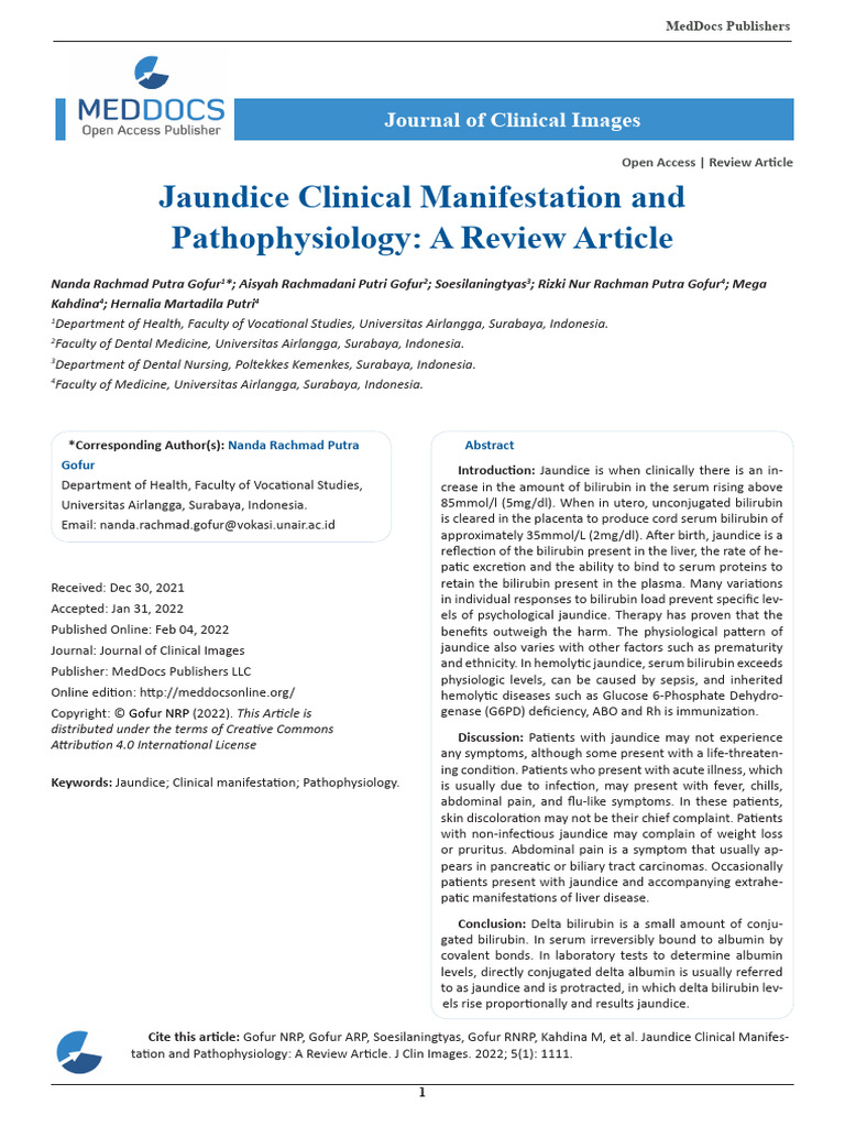 Jaundice Clinical Manifestation and Pathophysiology A Review Article
