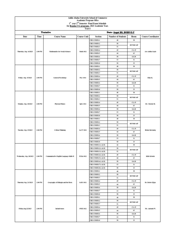 1st Year 2nd Semester Exam Schedule | PDF | Science