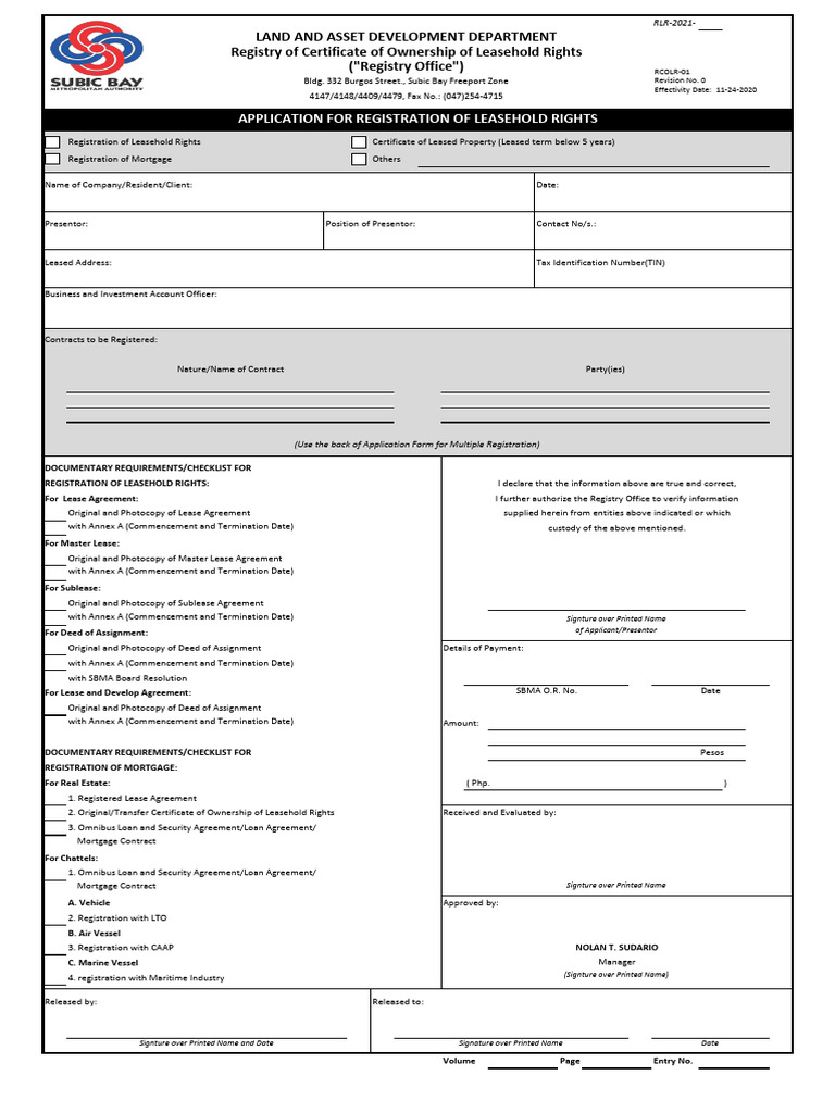 Application For Registration of Leasehold Rights PDF Lease