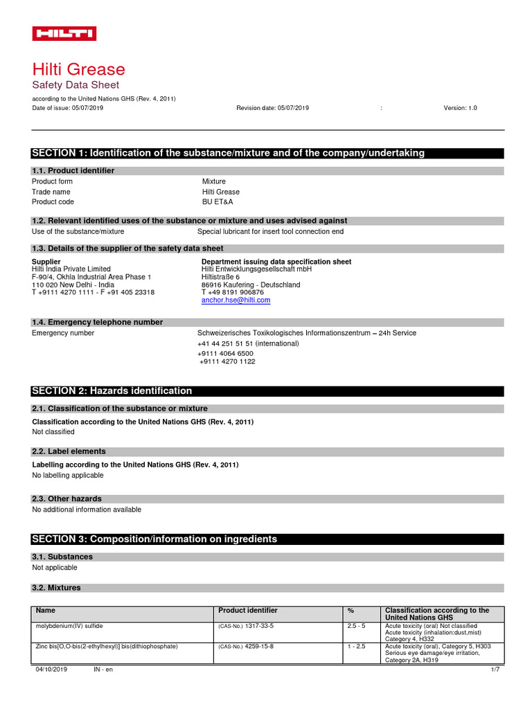 Material Safety Datasheet Hilti Grease EN Material Safety Datasheet IBD
