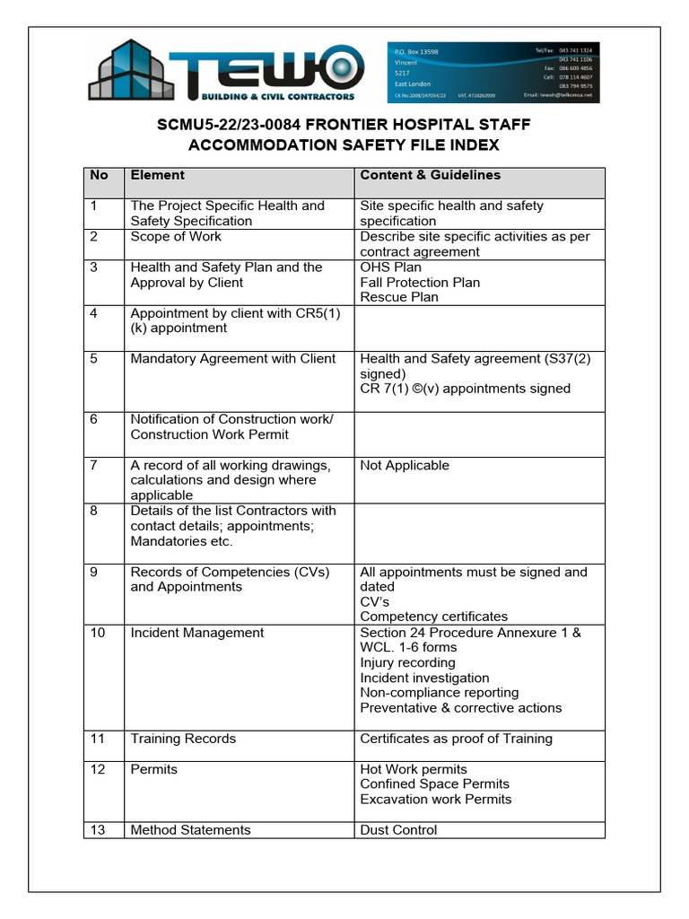Health and safety file index pdf occupational safety and health