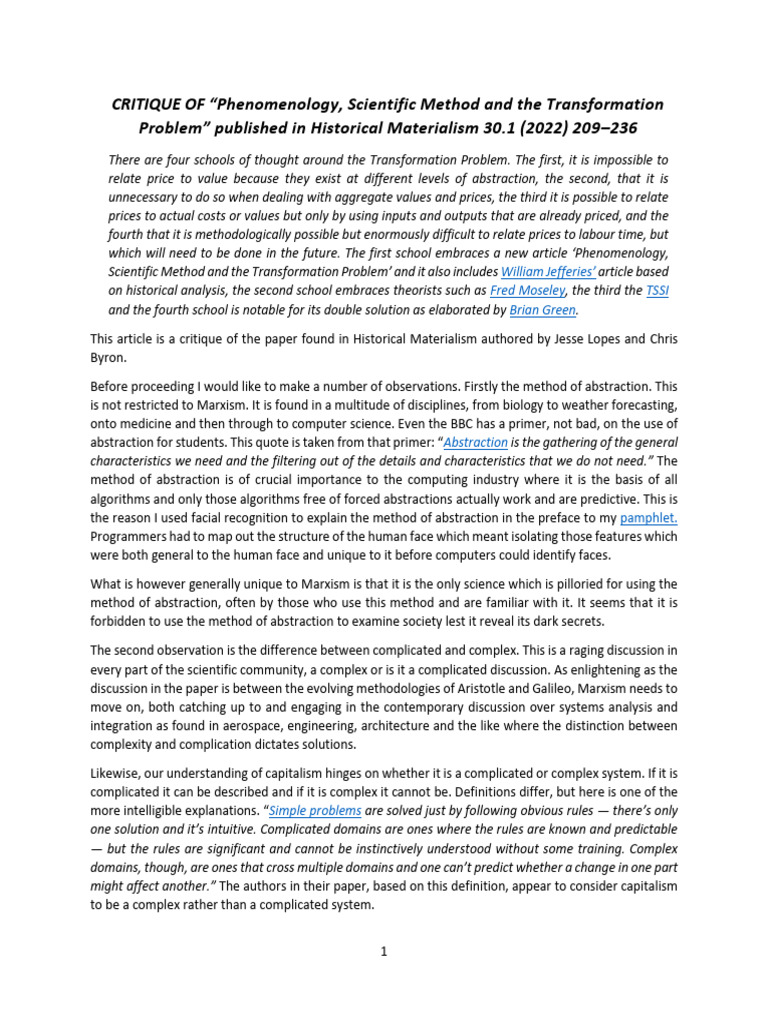 Critique of Transformation Problem Theories | PDF | Value (Economics ...