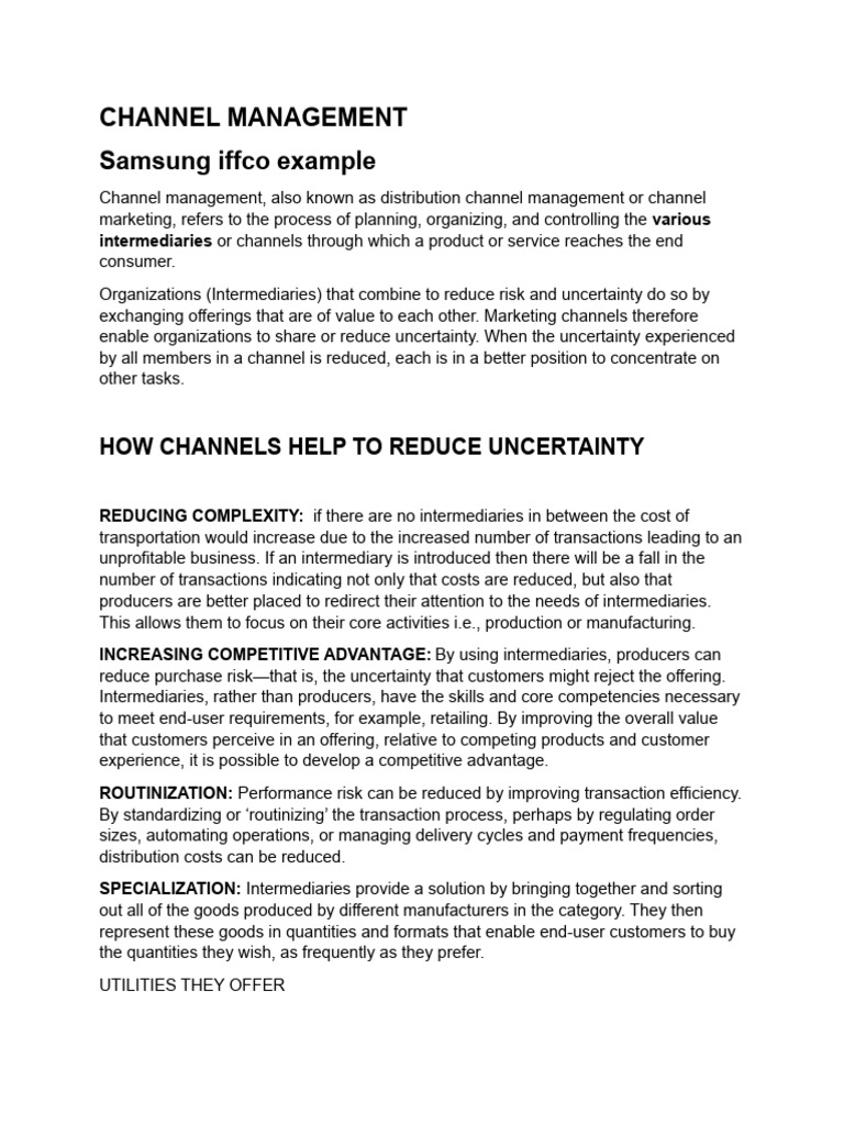 Channel Management PDF Financial Markets Private Sector