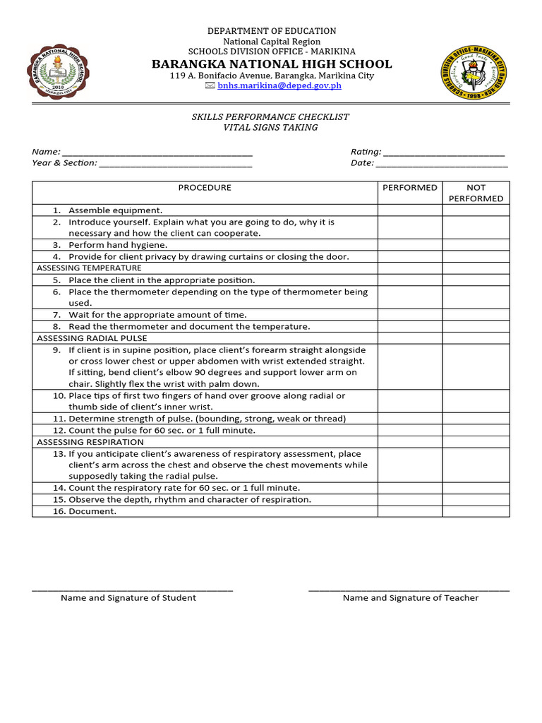 Vital Signs Skills Performance Checklist | PDF | Hand | Anatomical ...