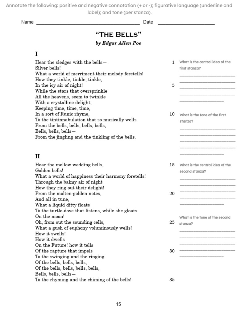 The Bells Edgar Allan Poe Student Copy Both PDF PDF Poetry