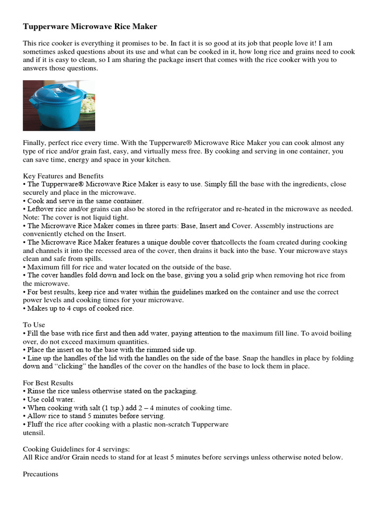 Tupperware Microwave Rice Maker Guide | PDF | Rice | Cooking