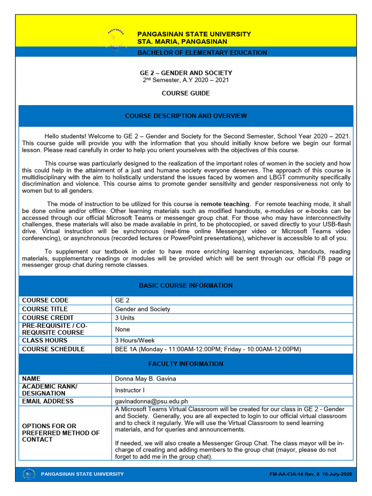 Gender and Society Course Guide | PDF | Gender | Gender Studies