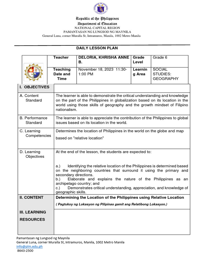 Grade 6 Geography Lesson Plan | PDF | Manila | Philippines