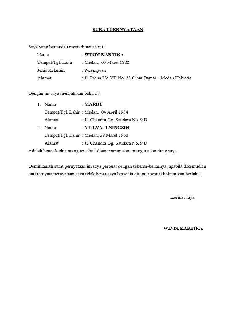 Surat Pernyataan Anak Kandung | PDF