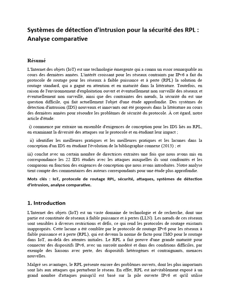 IDS pour RPL : Analyse et Comparaison | PDF | Internet des objets | I Pv6