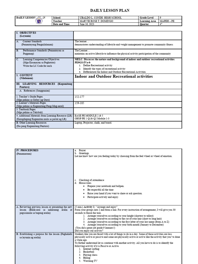Indoor and Outdoor Activities Lesson Plan | PDF | Recreation