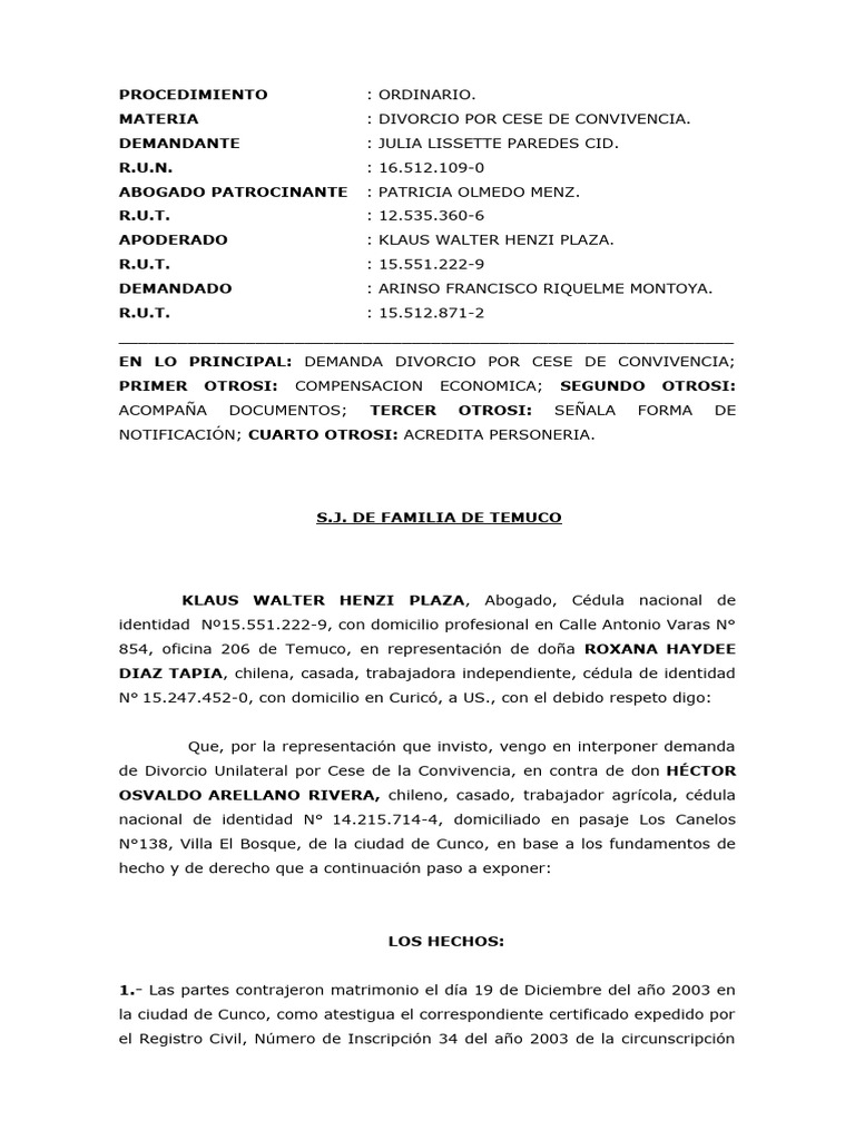 Divorcio Unilateral Roxana Pdf Divorcio Demanda Judicial