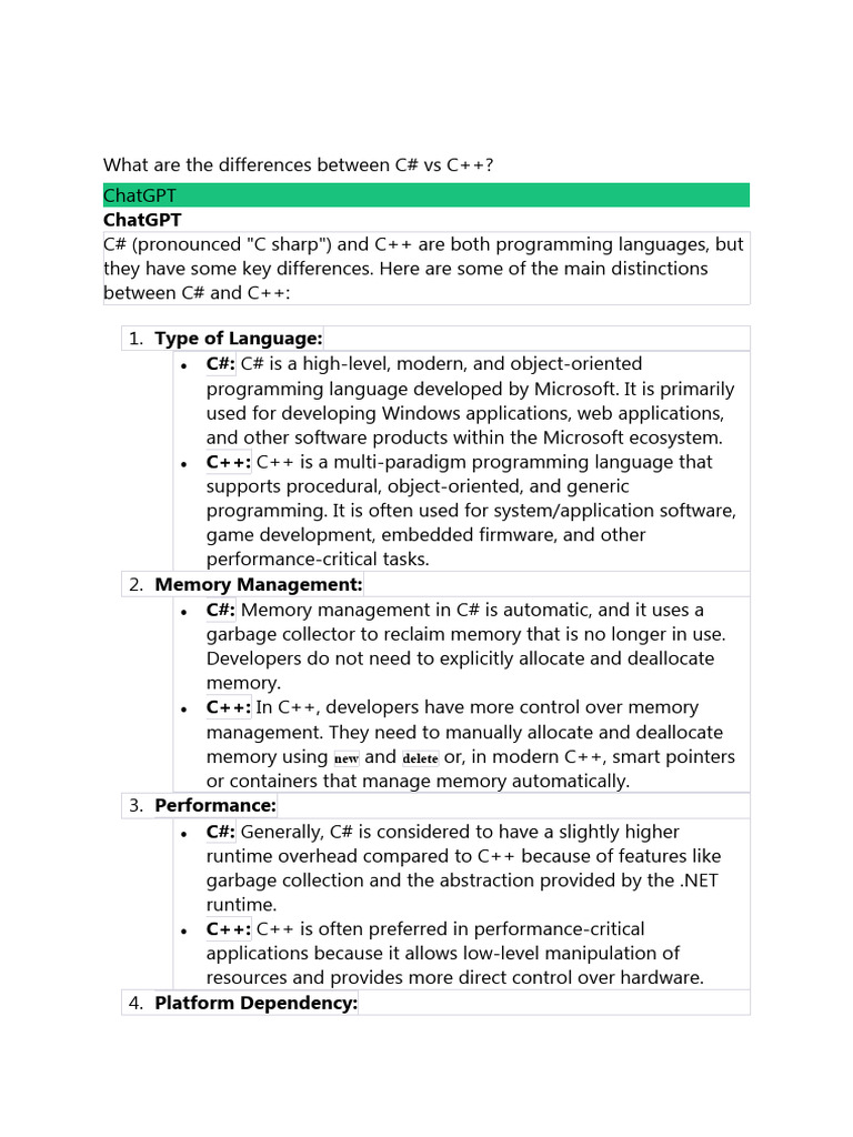 C# Vs C++ | PDF | C Sharp (Programming Language) | C++