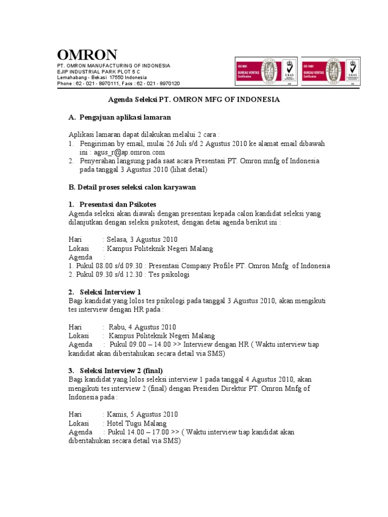 Agenda Seleksi Pt Omron Mnfg Of Indonesia 1