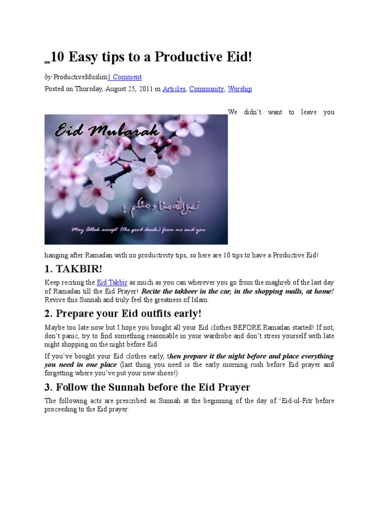 10 Tips for a Productive Eid Celebration | PDF | Cooking, Food & Wine