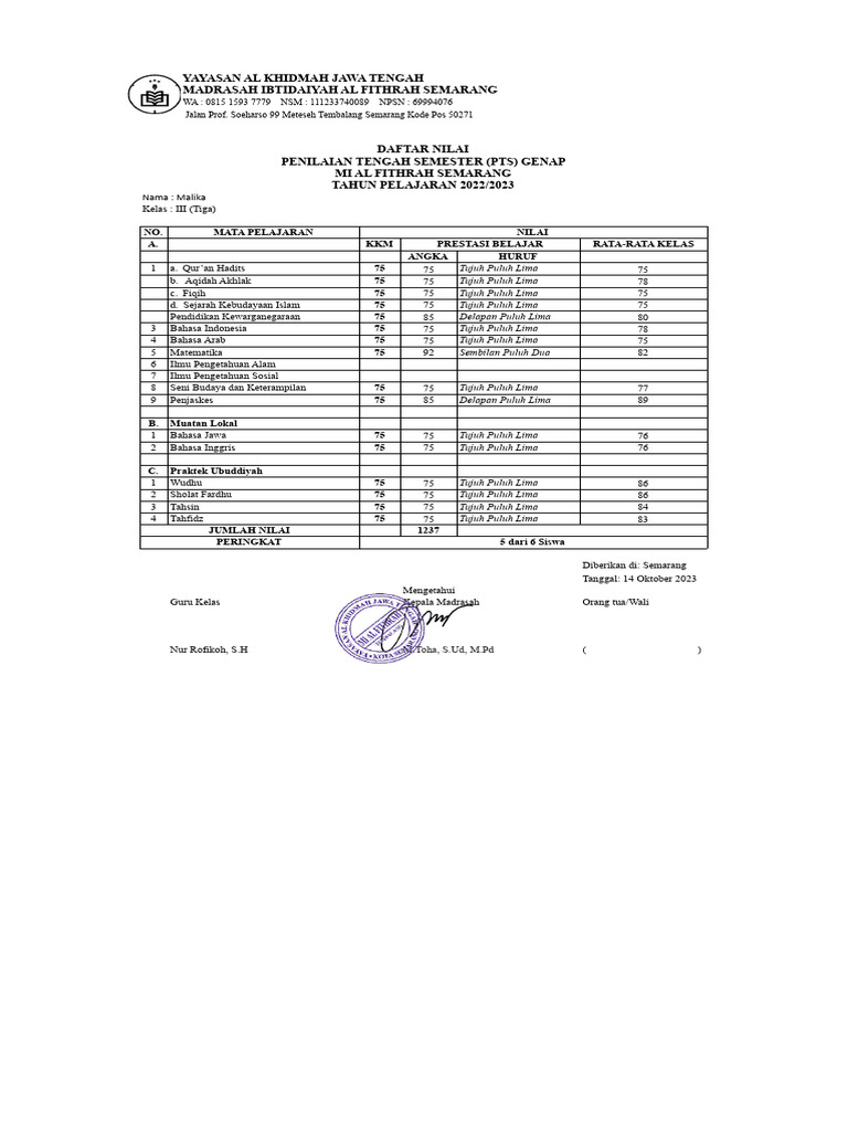 Daftar Nilai PTS MI Al Fithrah 2023 | PDF