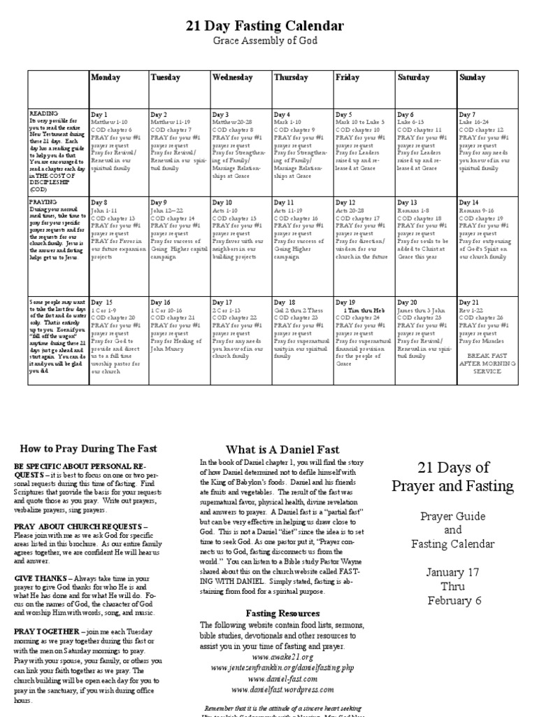 Daniel Fast Calendar PDF Fasting Prayer