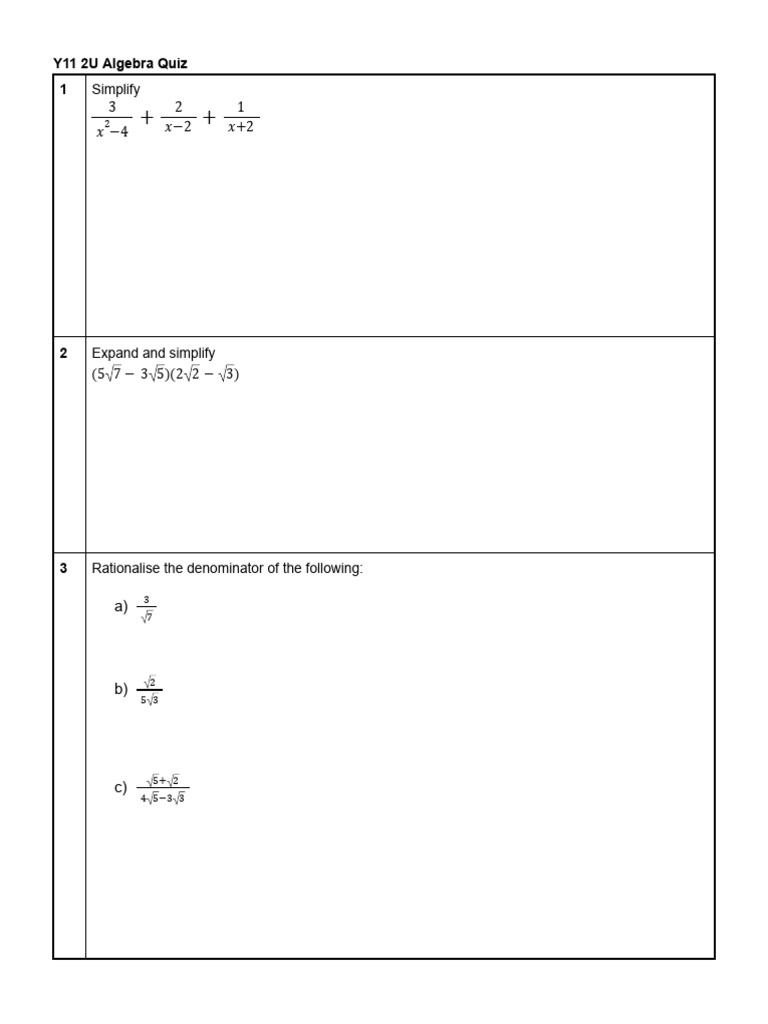 Y11 Algebra Quiz: Simplification & Solving | PDF | Equations | Applied ...
