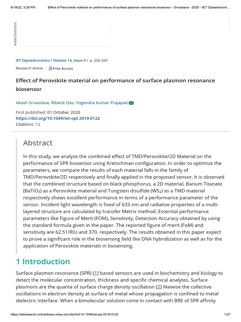 IET Optoelectronics PDF Surface Plasmon Resonance Biosensor
