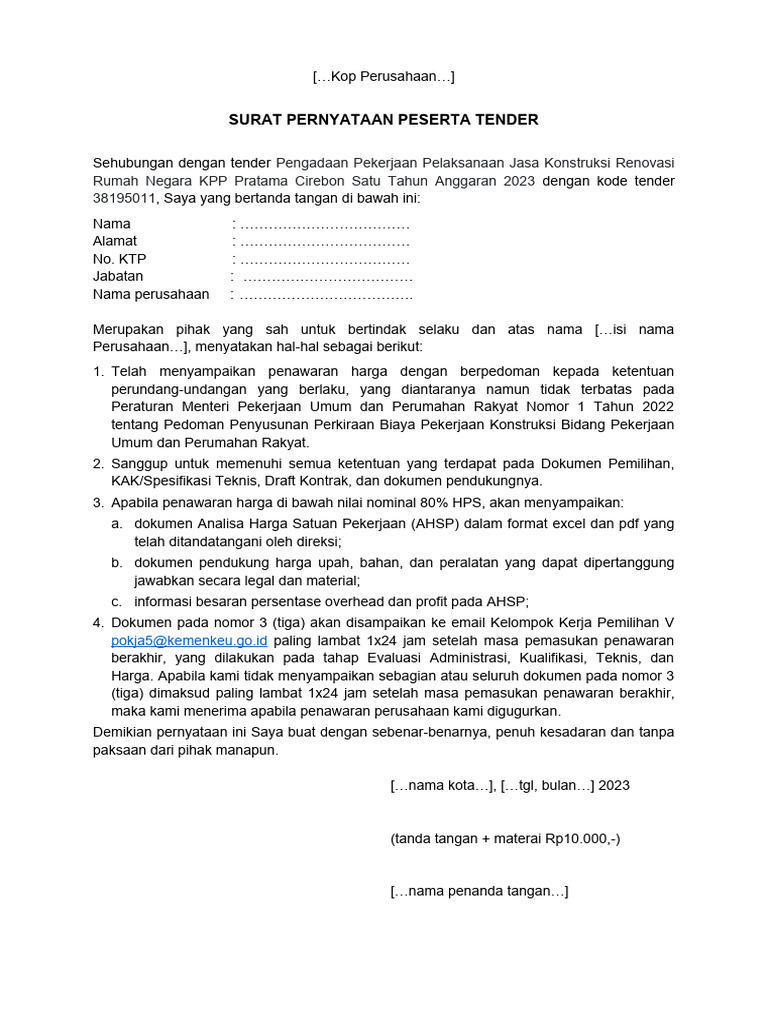 Format Surat Pernyataan Peserta Tender | PDF | Bisnis | Hukum