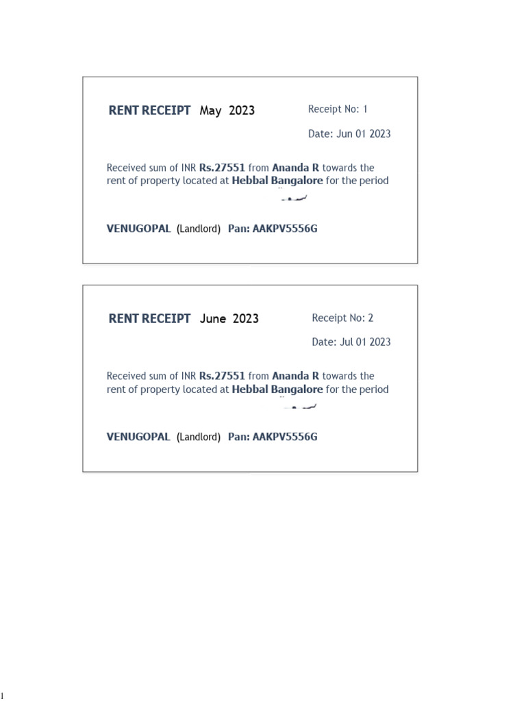Rent Receipts Hebbal Bangalore 2023 | PDF