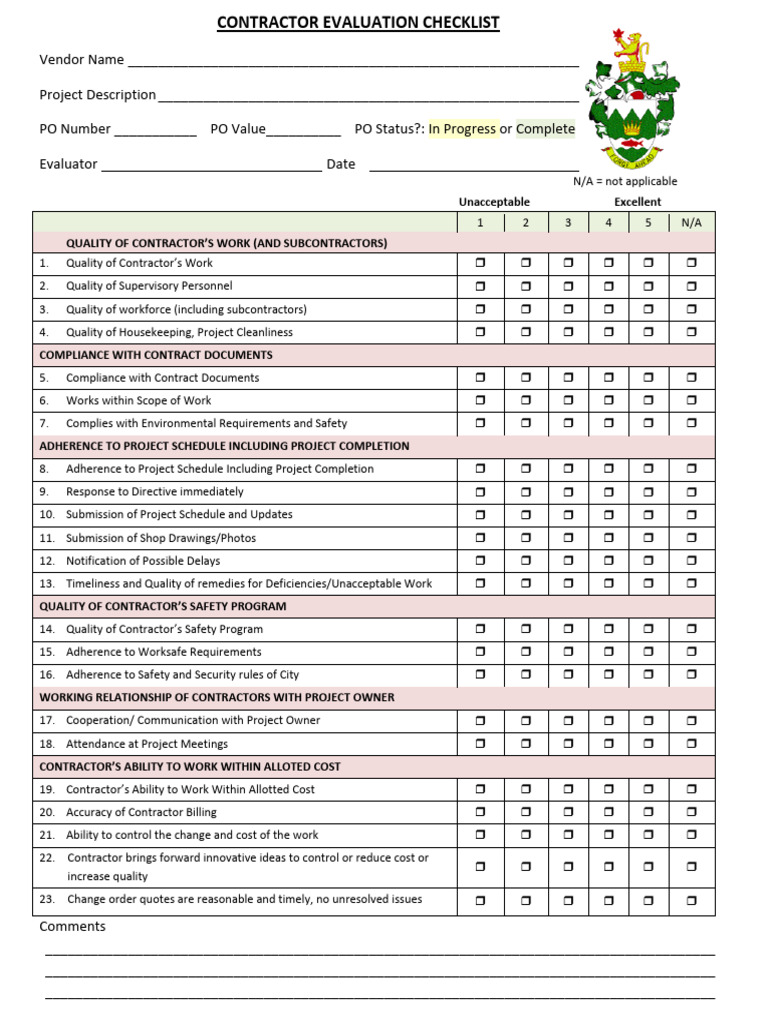 Project Contractor Evaluation Checklist PDF Business