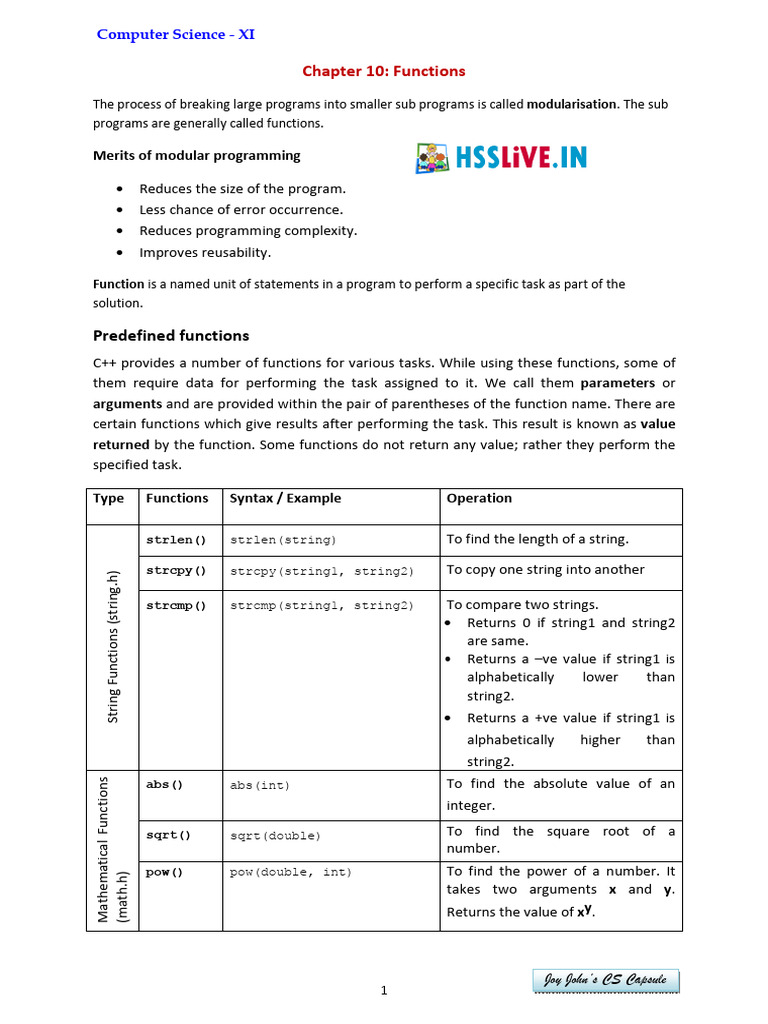 Hsslive-CS1 Chap10 Functions | PDF | Parameter (Computer Programming ...