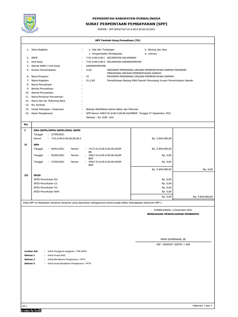 Contoh Surat Permintaan Pembayaran SPP | PDF