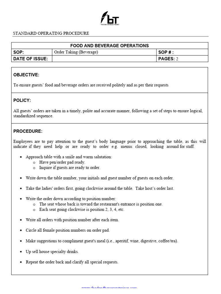 SOP Take Beverage Order PDF Waiting Staff Drink