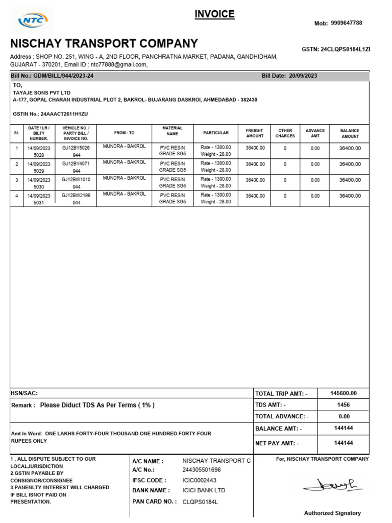Nischay Transport Company Invoice Details | PDF | Economies | Payments