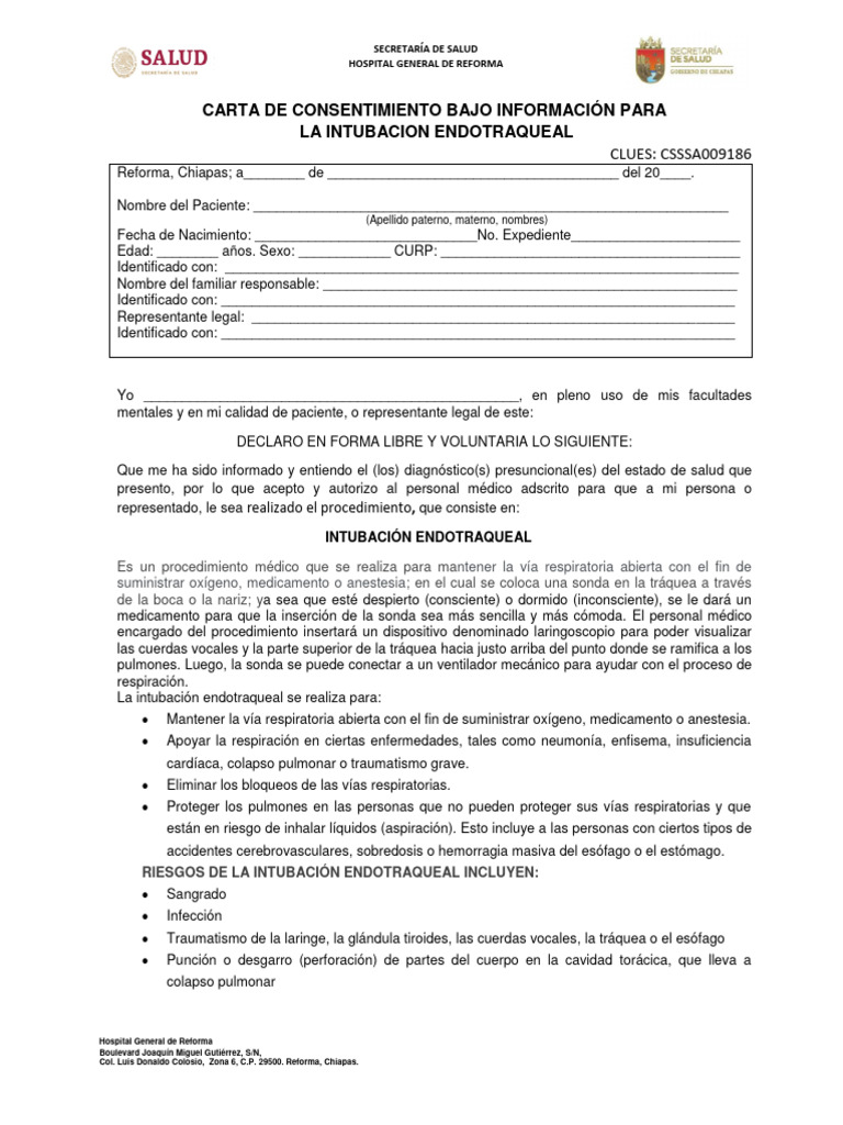 Consentimiento para Intubación Endotraqueal | PDF | Sistema ...