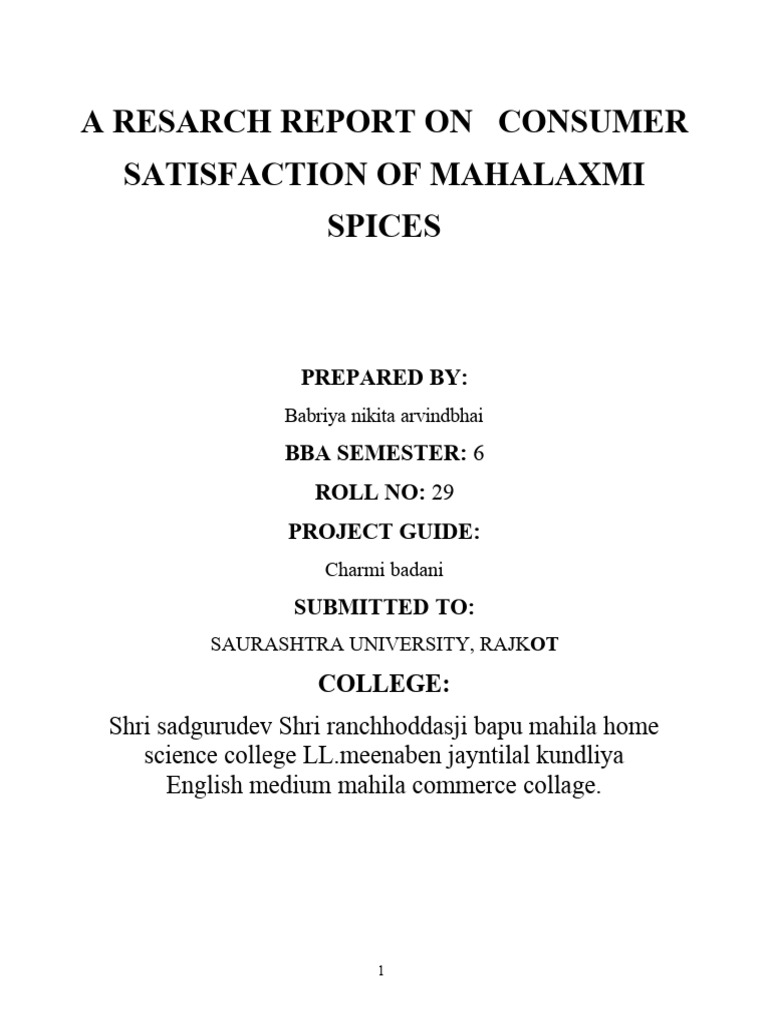 Consumer Satisfaction Report: Mahalaxmi Spices | PDF | Pricing | Sales