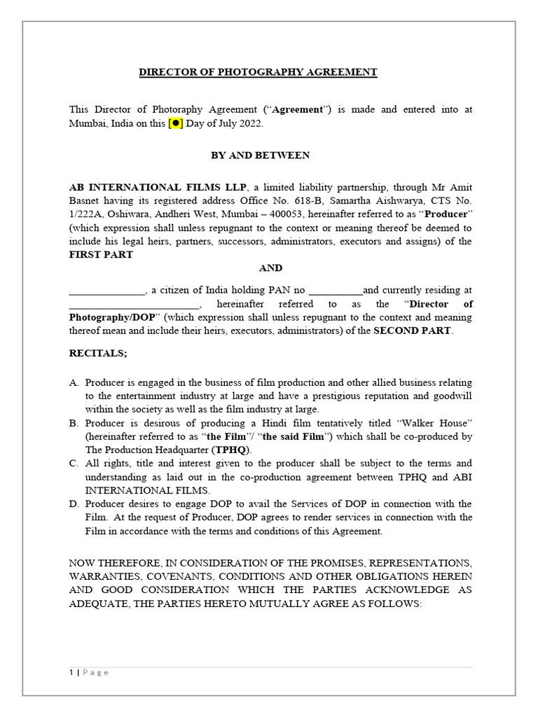 Director of Photography (DOP) Agreement | PDF | Breach Of Contract ...