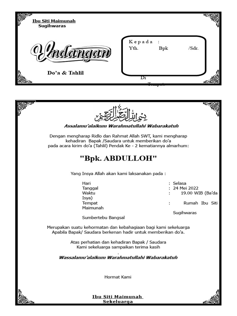 Undangan Tahlil Pendak Ke 2 Bapak | PDF