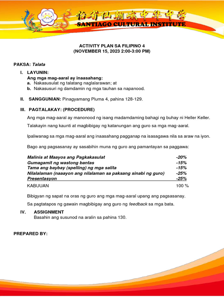 Activity Plan-Fil 4 - Pagsulat NG Talatang Naglalarawan | PDF