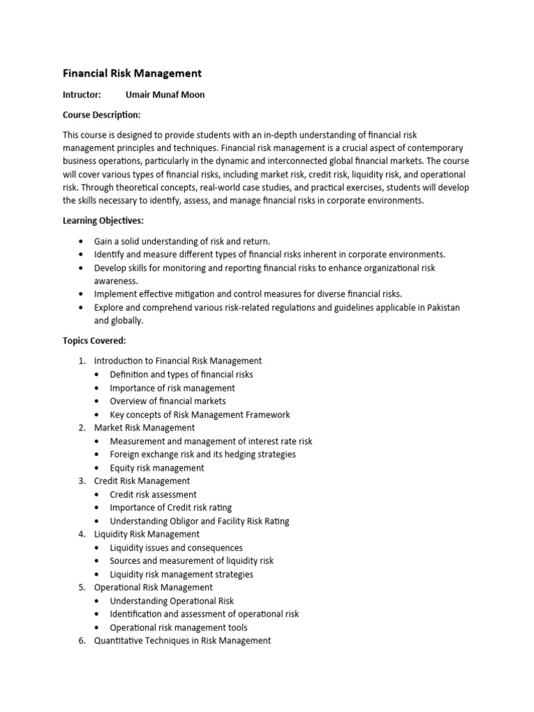 Financial Risk Management Course Overview | PDF | Risk | Risk Management