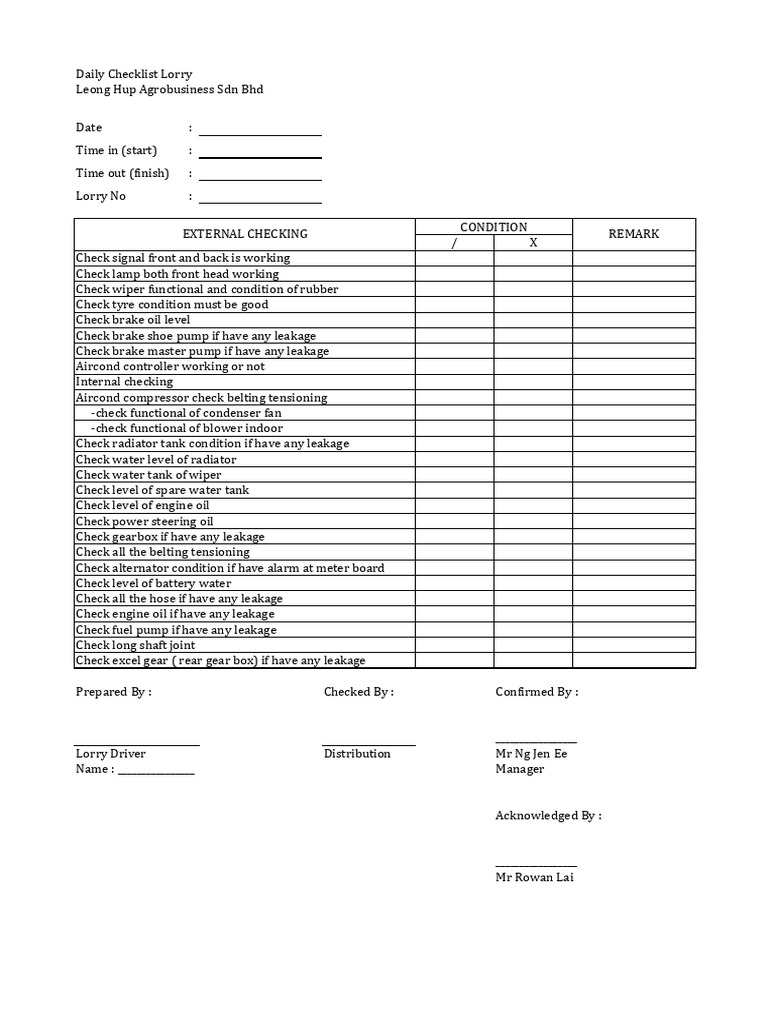Daily Lorry Inspection Checklist | PDF | Vehicles | Land Vehicles