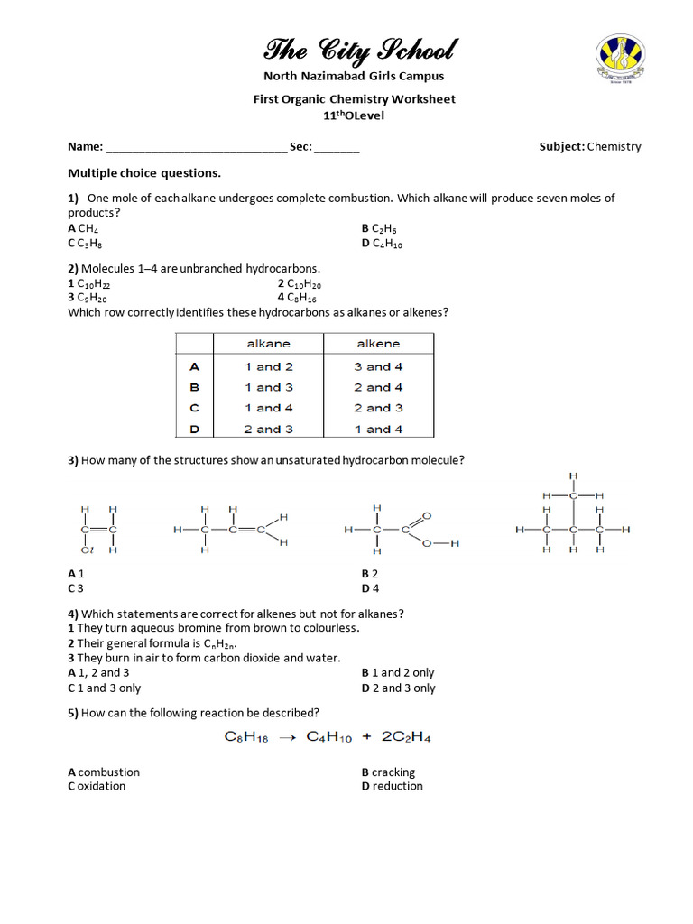 First Organic Worksheet | PDF | Alkane | Alkene
