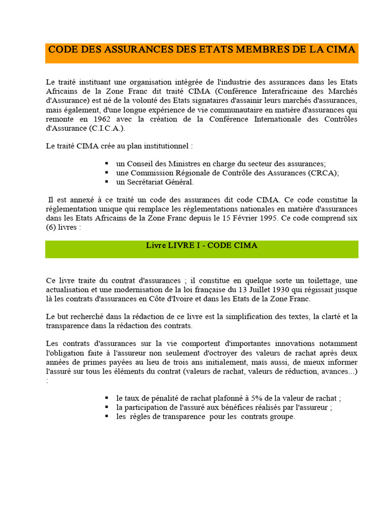 Code des Assurances CIMA 2023 | PDF | Assurance | Économie
