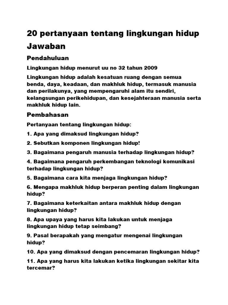 20 Pertanyaan Tentang Lingkungan Hidup Pdf
