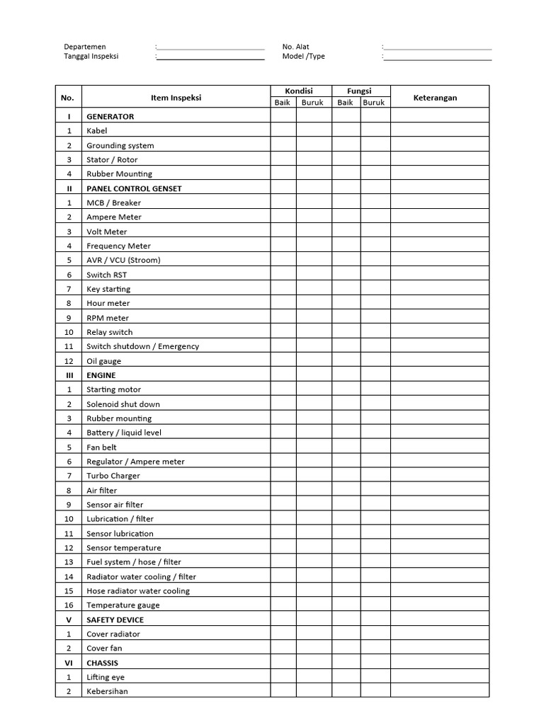 Form check list inspeksi generator pdf
