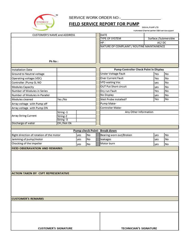 Pump Service Report Template | PDF | Pump | Electricity