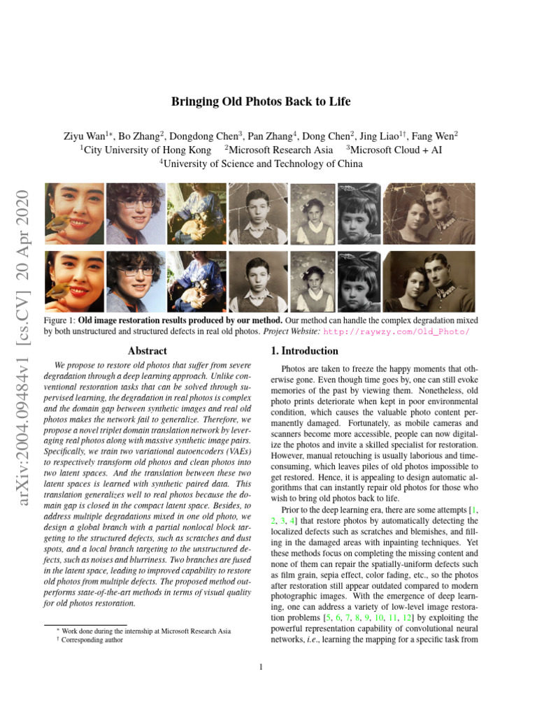 Bringing Old Photos Back To Life Download Free Pdf Cybernetics