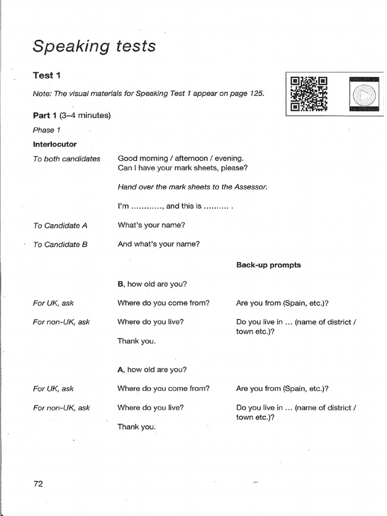 Key For Schools Speaking Tests 1-4 | PDF