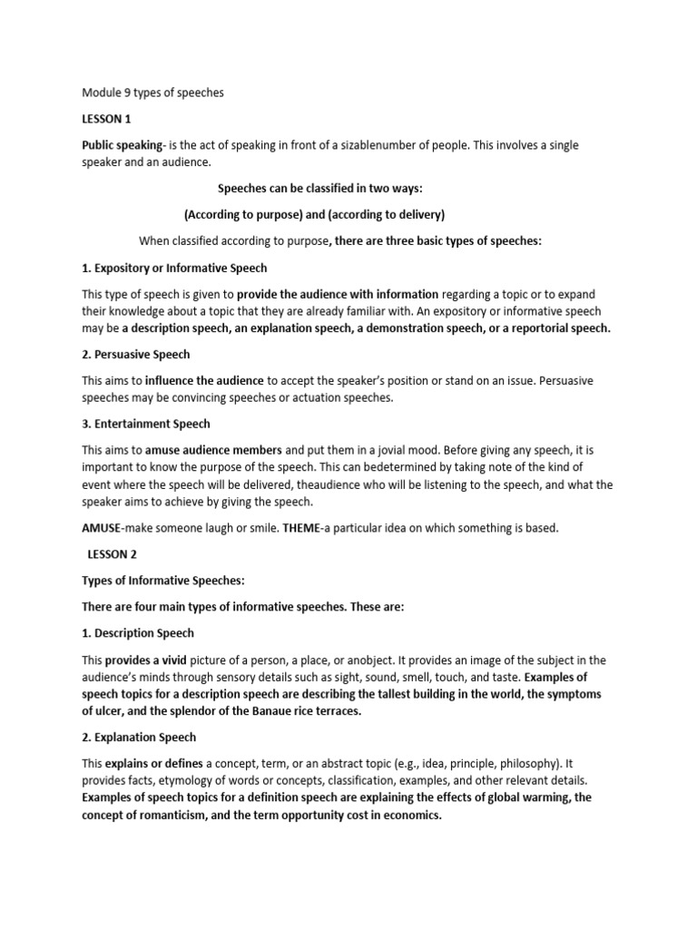 Module 9 Types of Speeches | PDF | Public Speaking | Rhetoric