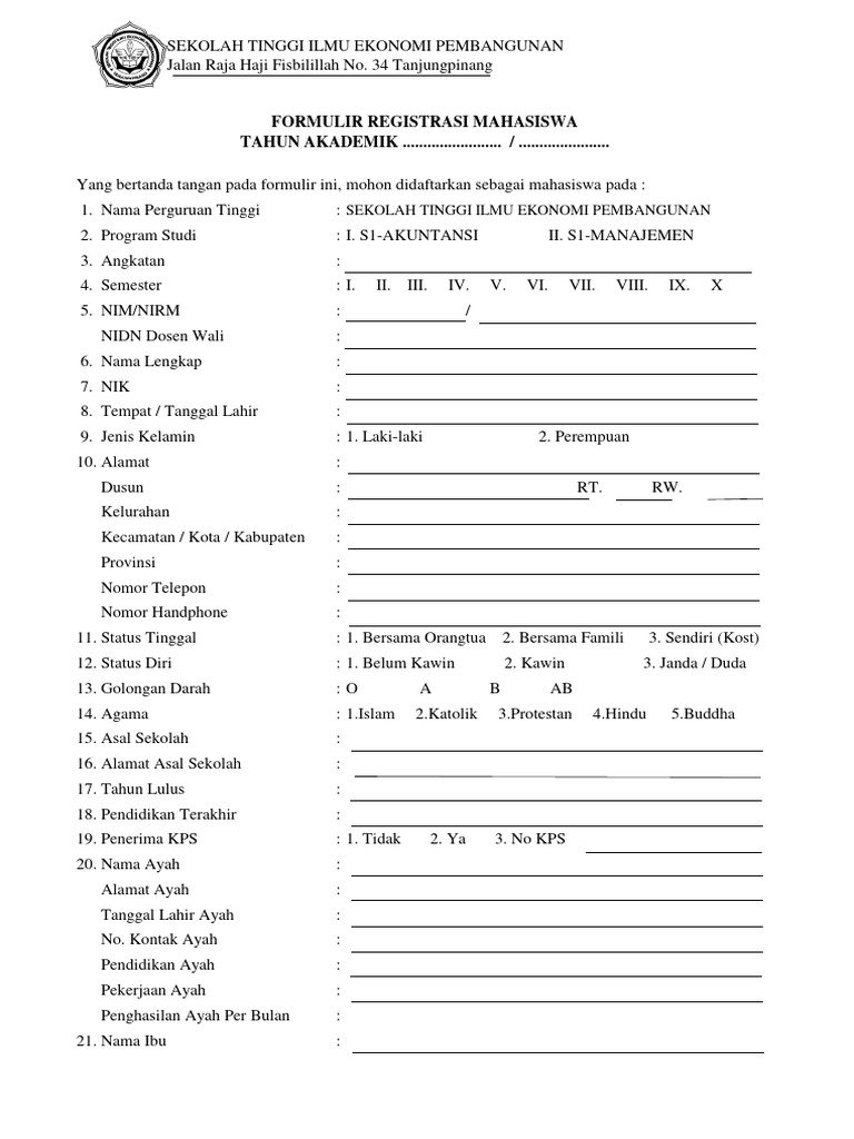 Formulir Registrasi Mahasiswa Pdf
