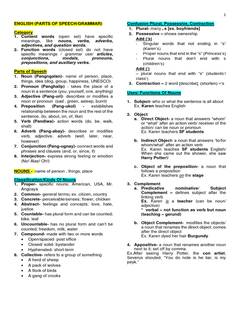 English Parts of Speech Overview | PDF | Grammatical Number | Verb