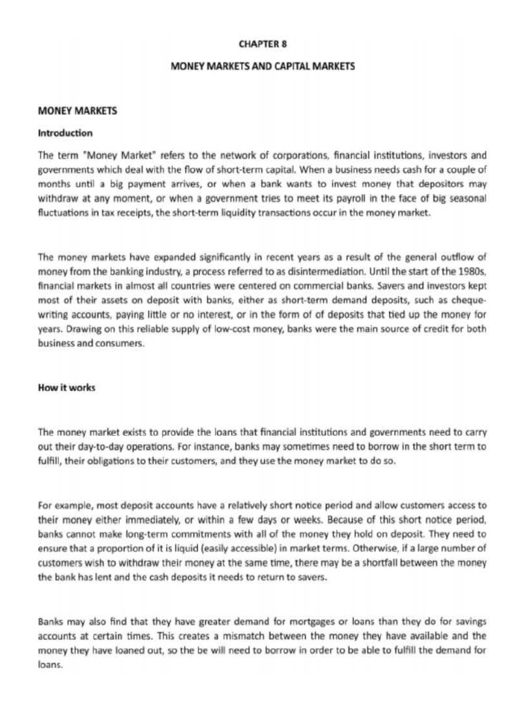 Financial Markets - Chapter 8 (Money Markets and Capital Markets) | PDF