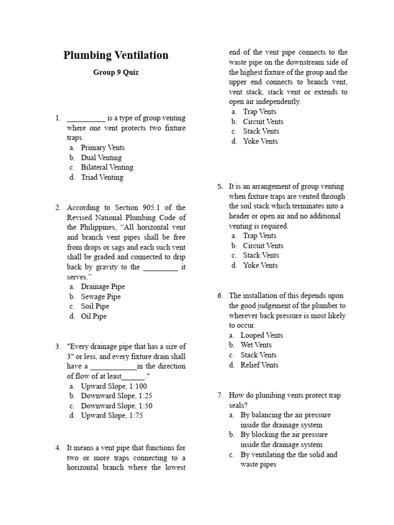 Group 9 Quiz and Answer Key Plumbing Ventilation PDF Plumbing